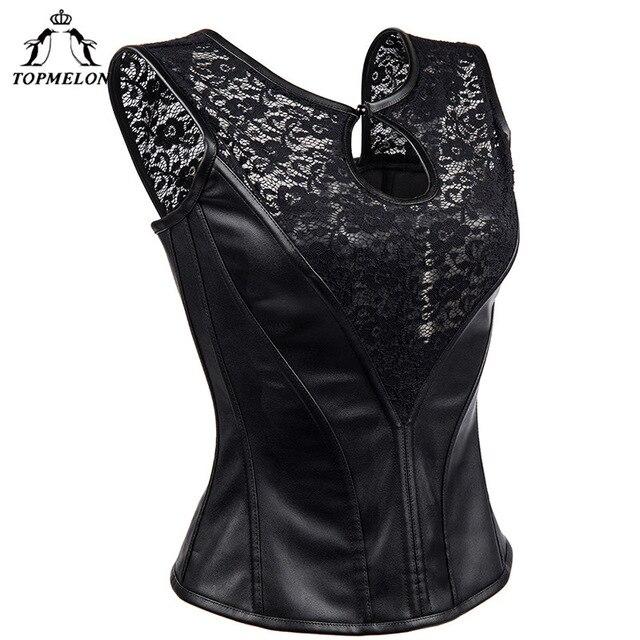 TOPMELON Lace Corset Black Leather Bustier Floral Hollow Out Tops Women's Slimming Clothing Sexy Gothic Style Costume for Party