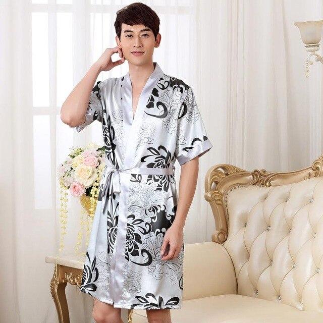 Summer Nightgown Sleepshirts Men Kimono Robe Faux Silk Bath Gown Sleepwear Lounge Casual Silk Nightwear Female Dress M-XXL