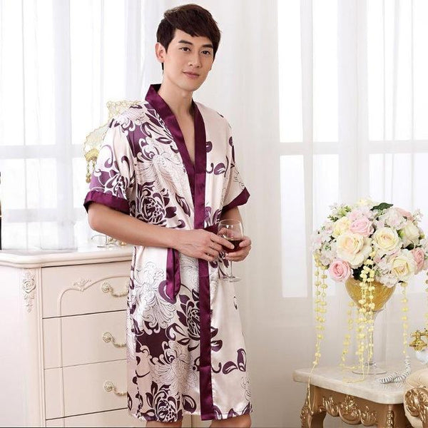 Summer Nightgown Sleepshirts Men Kimono Robe Faux Silk Bath Gown Sleepwear Lounge Casual Silk Nightwear Female Dress M-XXL