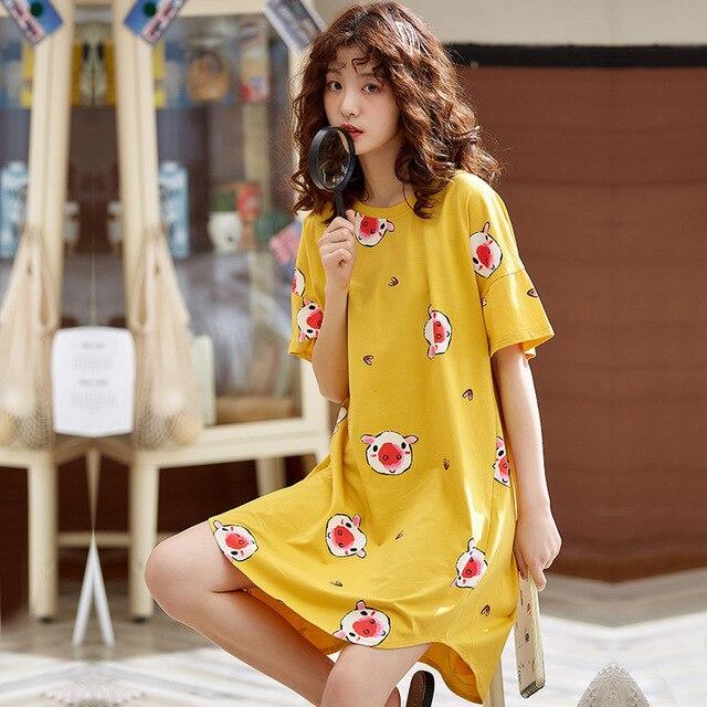 2019 Summer sleepdress Cotton Women Sleepwear Leisure Loose Long Printed Ladies Nightgown Young Girl Outwear Party Nightdress