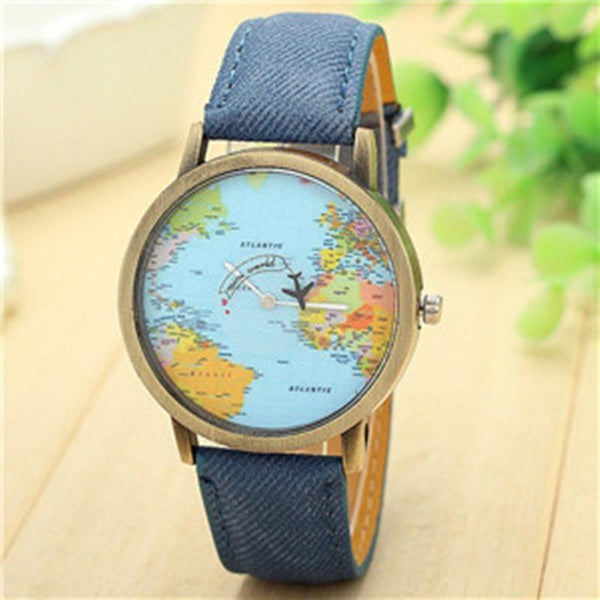 Hot Sale Mini World Fashion Quartz Watch Men Unisex Map Airplane Travel Around The World Women Leather Dress Wrist Watches 10