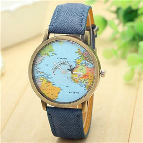 Hot Sale Mini World Fashion Quartz Watch Men Unisex Map Airplane Travel Around The World Women Leather Dress Wrist Watches 10