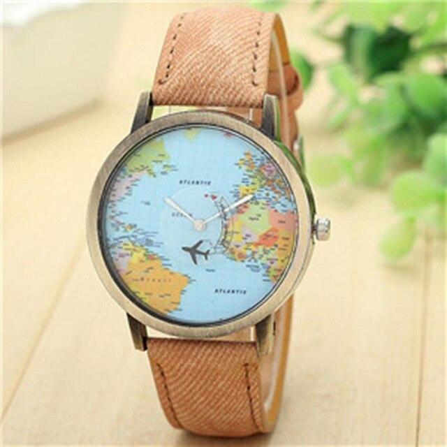 Hot Sale Mini World Fashion Quartz Watch Men Unisex Map Airplane Travel Around The World Women Leather Dress Wrist Watches 10