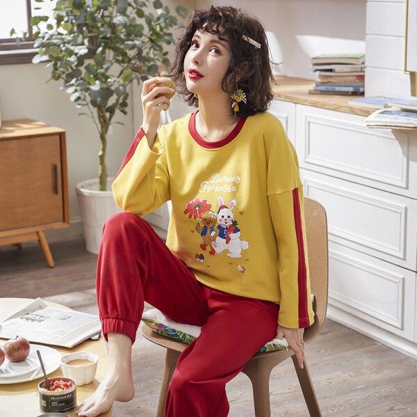 Autumn100% Cotton Long Sleeved Cartoon Print Pajamas Women's Pajamas Sets Girls Sleepwear Nightgowns Loungewear Home Clothing