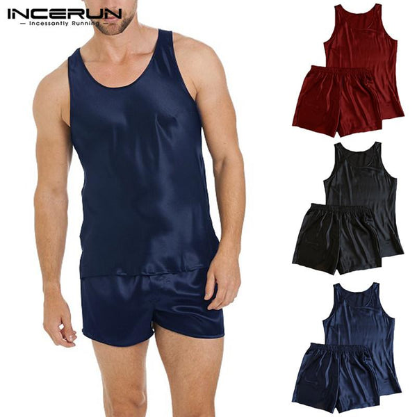 INCERUN Men Pajamas Set Breathable Soft Homewear Sleeveless Tops Shorts Nightgown Pyjamas Comfy Men Sleepwear Set Summer 2019