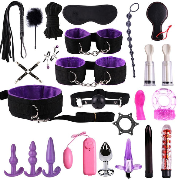 Dildo Vibrator Anal Plugs Handcuffs Whip Nipples Clip Blindfold Breast Pump BDSM Games Adult Sex Toys Kit For Couples