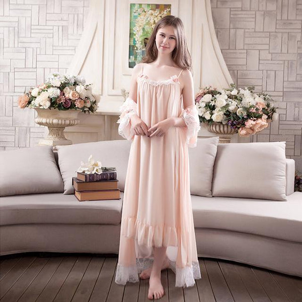 Womens 2 Pieces Sweet Princess Home Sleeping Dress Womens Long Sleeve Vintage Elegant Lace Nightgowns Chiffon Chemise Nightdress