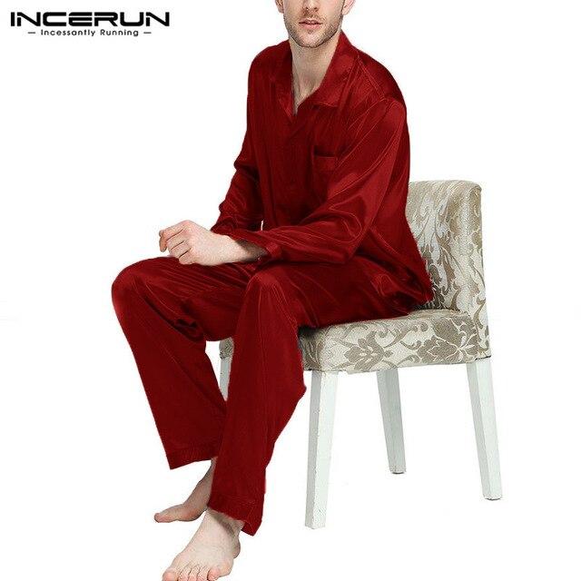 INCERUN 2019 Men Pajamas Set Silk Satin Sleepwear Suit Soft Long Sleeve Solid Color Homewear Comfortable Nightgown Set Pajamas