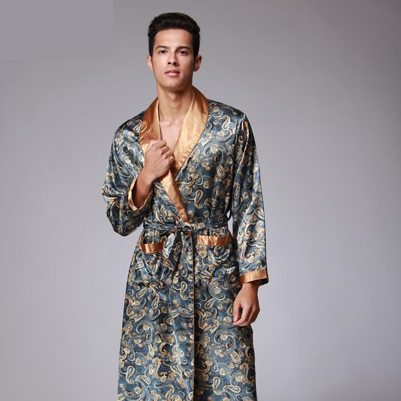 Mens Summer Paisley Print Silk Robes Male Senior Satin Sleepwear Satin Pajamas Long kimono Dressing Gown Bathrobe For Men