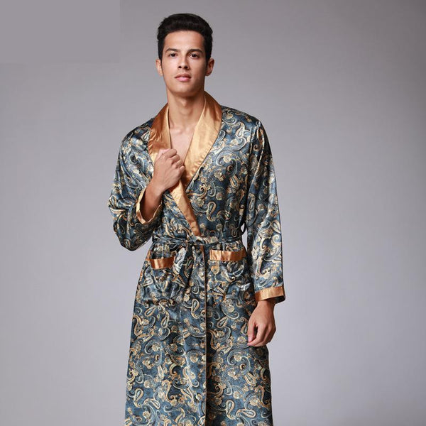 Mens Summer Paisley Print Silk Robes Male Senior Satin Sleepwear Satin Pajamas Long kimono Dressing Gown Bathrobe For Men
