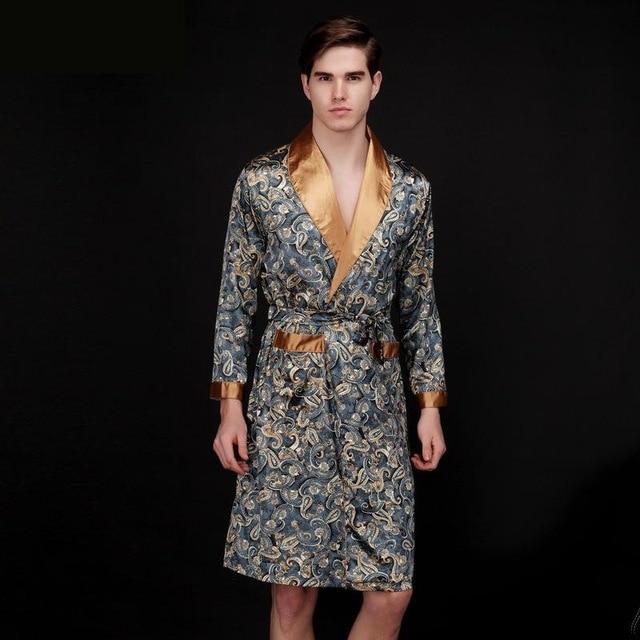 Mens Summer Paisley Print Silk Robes Male Senior Satin Sleepwear Satin Pajamas Long kimono Dressing Gown Bathrobe For Men