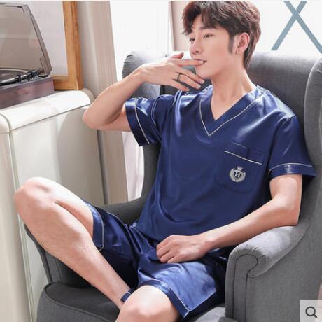Summer Short Sleeved Men Pyjama Set Imitate Silk Polyester Men Pajama Suit Satin Pajama Man Sleepwear Pajamas Male Nightgown 3XL