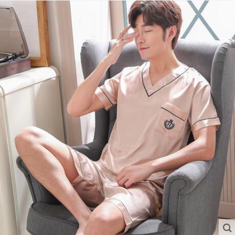 Summer Short Sleeved Men Pyjama Set Imitate Silk Polyester Men Pajama Suit Satin Pajama Man Sleepwear Pajamas Male Nightgown 3XL
