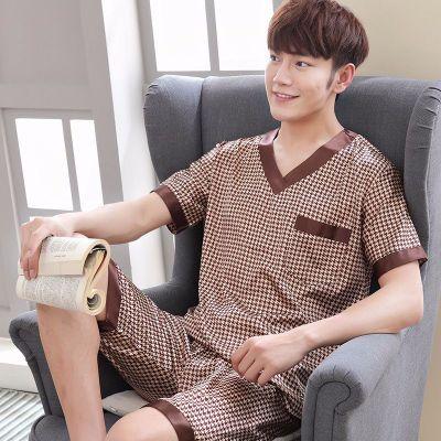 Summer Short Sleeved Men Pyjama Set Imitate Silk Polyester Men Pajama Suit Satin Pajama Man Sleepwear Pajamas Male Nightgown 3XL