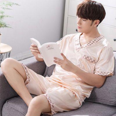 Summer Short Sleeved Men Pyjama Set Imitate Silk Polyester Men Pajama Suit Satin Pajama Man Sleepwear Pajamas Male Nightgown 3XL