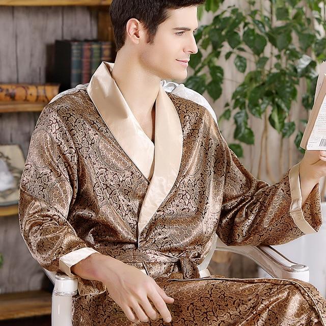 Kimono men Home Silk Bathrobe Soft cozy Long-sleeved Bath Gown Printed Geometric Robes V-neck Satin Sleepwear Nightgown