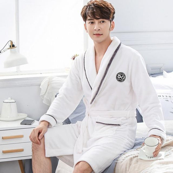 Men Casual Kimono Bathrobe Autumn Winter Flannel Long Robe Thick Warm Sleepwear Full Sleeve Nightgown Male Casual Home Wear