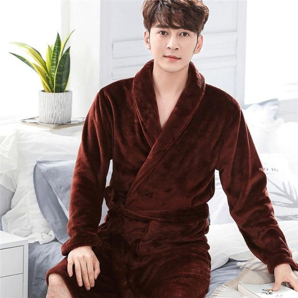 Men Casual Kimono Bathrobe Autumn Winter Flannel Long Robe Thick Warm Sleepwear Full Sleeve Nightgown Male Casual Home Wear