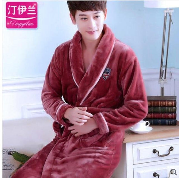 Men Casual Kimono Bathrobe Autumn Winter Flannel Long Robe Thick Warm Sleepwear Full Sleeve Nightgown Male Casual Home Wear