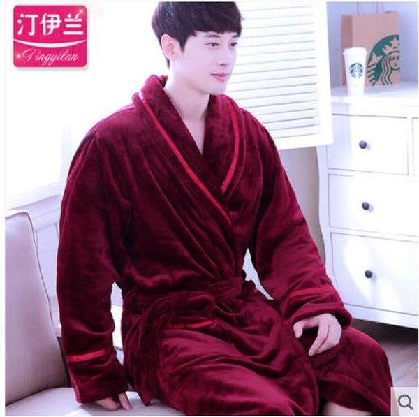 Men Casual Kimono Bathrobe Autumn Winter Flannel Long Robe Thick Warm Sleepwear Full Sleeve Nightgown Male Casual Home Wear