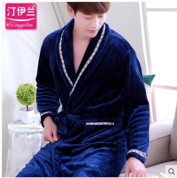 Men Casual Kimono Bathrobe Autumn Winter Flannel Long Robe Thick Warm Sleepwear Full Sleeve Nightgown Male Casual Home Wear