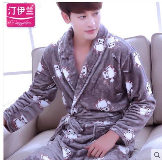 Men Casual Kimono Bathrobe Autumn Winter Flannel Long Robe Thick Warm Sleepwear Full Sleeve Nightgown Male Casual Home Wear