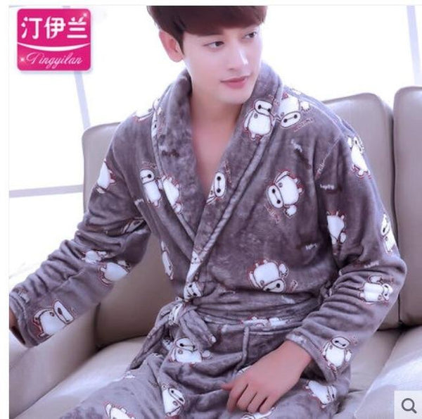 Men Casual Kimono Bathrobe Autumn Winter Flannel Long Robe Thick Warm Sleepwear Full Sleeve Nightgown Male Casual Home Wear