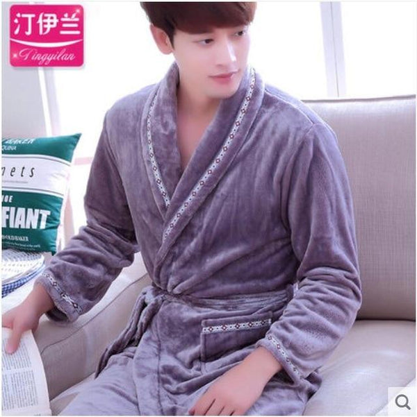 Men Casual Kimono Bathrobe Autumn Winter Flannel Long Robe Thick Warm Sleepwear Full Sleeve Nightgown Male Casual Home Wear