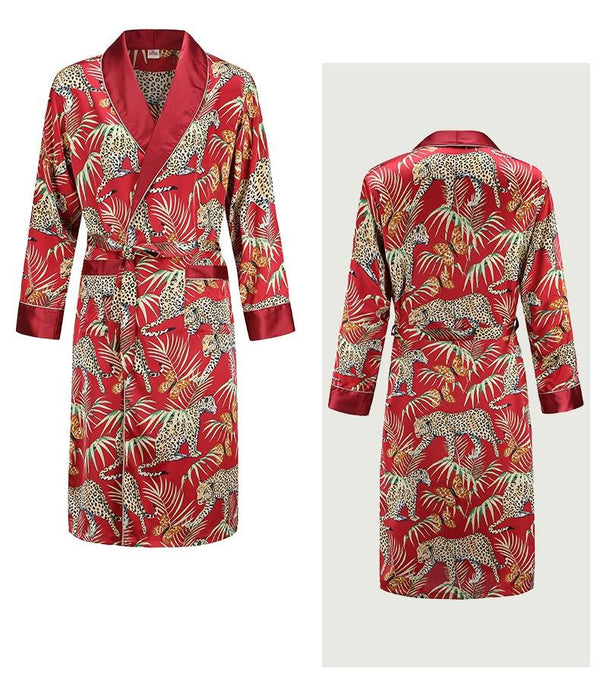 Silk nightgown Men's summer thin bathrobe Tiger nightgown Loose wedding robesilky long sleeve Sleeprobe Plus Size home wear