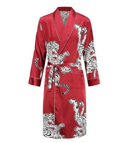 Silk nightgown Men's summer thin bathrobe Tiger nightgown Loose wedding robesilky long sleeve Sleeprobe Plus Size home wear