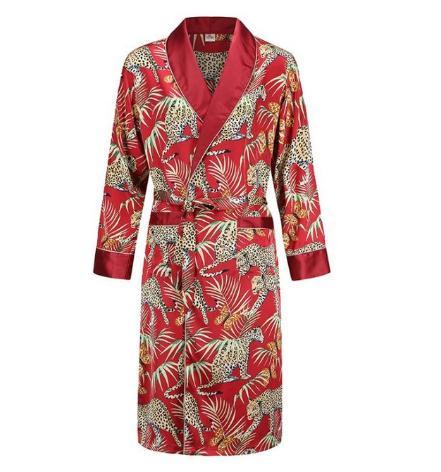 Silk nightgown Men's summer thin bathrobe Tiger nightgown Loose wedding robesilky long sleeve Sleeprobe Plus Size home wear