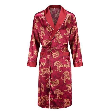 Silk nightgown Men's summer thin bathrobe Tiger nightgown Loose wedding robesilky long sleeve Sleeprobe Plus Size home wear