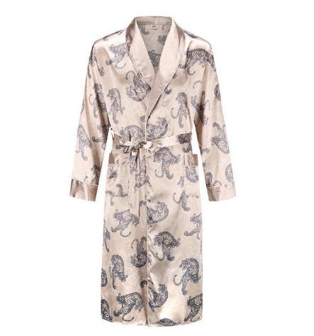 Silk nightgown Men's summer thin bathrobe Tiger nightgown Loose wedding robesilky long sleeve Sleeprobe Plus Size home wear
