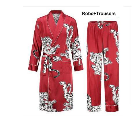 Silk nightgown Men's summer thin bathrobe Tiger nightgown Loose wedding robesilky long sleeve Sleeprobe Plus Size home wear