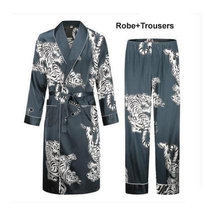 Silk nightgown Men's summer thin bathrobe Tiger nightgown Loose wedding robesilky long sleeve Sleeprobe Plus Size home wear