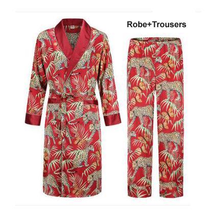 Silk nightgown Men's summer thin bathrobe Tiger nightgown Loose wedding robesilky long sleeve Sleeprobe Plus Size home wear