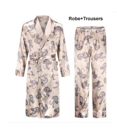 Silk nightgown Men's summer thin bathrobe Tiger nightgown Loose wedding robesilky long sleeve Sleeprobe Plus Size home wear