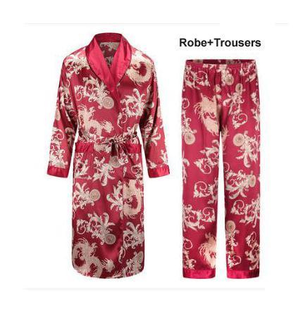 Silk nightgown Men's summer thin bathrobe Tiger nightgown Loose wedding robesilky long sleeve Sleeprobe Plus Size home wear
