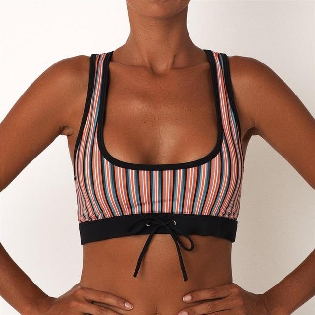 Sexy Slim Backless One Piece Swimsuit Stripe Bowknot Sports Bra Top Bikini Swimsuit Swimwear For Women Bikini Tops