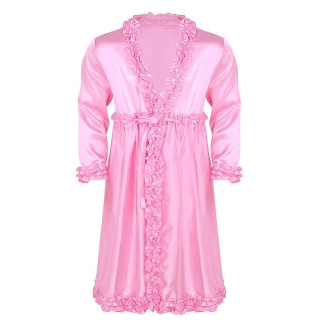 Mens Sissy Lingerie Robes for Male Silky Satin Dressing Gown Bathrobe Long Sleeves Frilly Ruffle Edges Long Nightgown Sleepwear