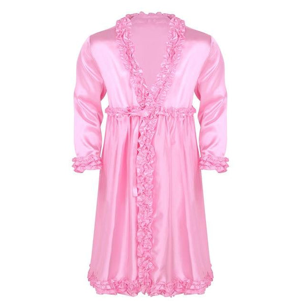 Mens Sissy Lingerie Robes for Male Silky Satin Dressing Gown Bathrobe Long Sleeves Frilly Ruffle Edges Long Nightgown Sleepwear