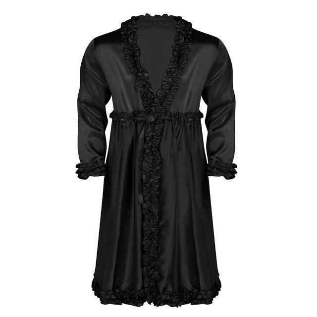 Mens Sissy Lingerie Robes for Male Silky Satin Dressing Gown Bathrobe Long Sleeves Frilly Ruffle Edges Long Nightgown Sleepwear