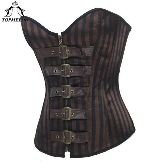 TOPMELON Retro Corselet  Steel Boned Corset Women Steampunk Bustier Gothic Sexy Brown Striped Buckles New Tops for Shows Play