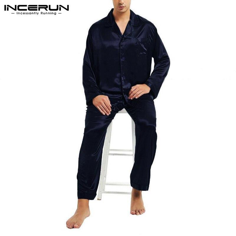 Autumn Spring Fashion Men's Stain Silk Pajama Set Men Pajamas Sleepwear Men Clothes Robe Louge Soft Cozy INCERUN 2019 Nightgown