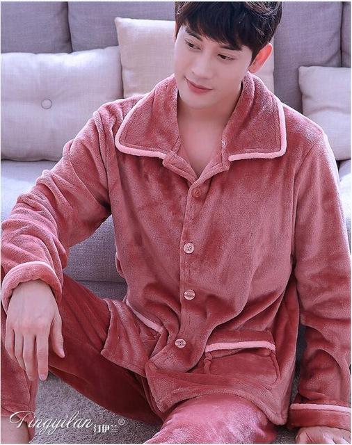 Adult Fleece Pajamas Long Sleeve Men's Thickened Flannel Homewear Coral Fleece Nightwear Male Velvet Casual Nightgown D2063