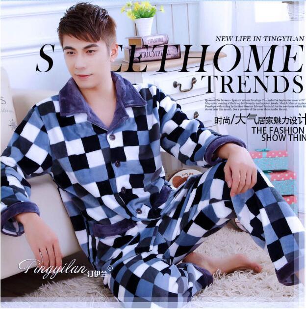 Adult Fleece Pajamas Long Sleeve Men's Thickened Flannel Homewear Coral Fleece Nightwear Male Velvet Casual Nightgown D2063