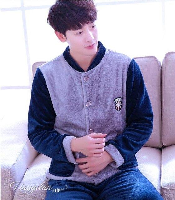 Adult Fleece Pajamas Long Sleeve Men's Thickened Flannel Homewear Coral Fleece Nightwear Male Velvet Casual Nightgown D2063