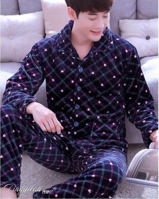 Adult Fleece Pajamas Long Sleeve Men's Thickened Flannel Homewear Coral Fleece Nightwear Male Velvet Casual Nightgown D2063