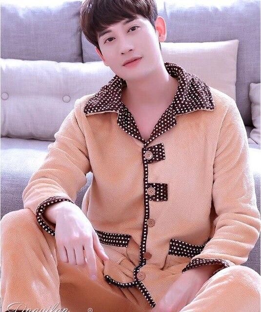 Adult Fleece Pajamas Long Sleeve Men's Thickened Flannel Homewear Coral Fleece Nightwear Male Velvet Casual Nightgown D2063