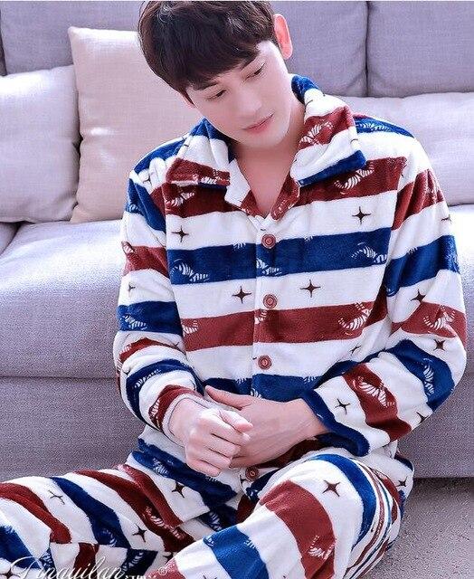 Adult Fleece Pajamas Long Sleeve Men's Thickened Flannel Homewear Coral Fleece Nightwear Male Velvet Casual Nightgown D2063